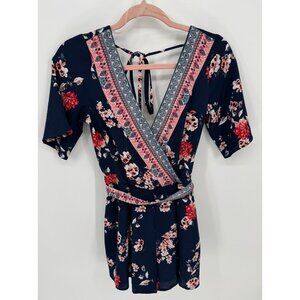 Francesca’s Womens Navy Blue Floral Print Boho Romper With Tie Back & Belt